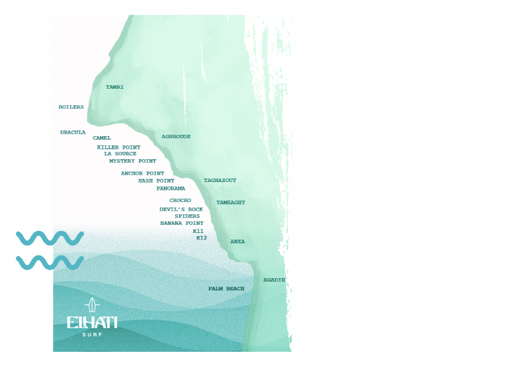 Carte illustrée des spots de surf autour d’Agadir et Taghazout proposés par Elhati Surf, incluant Banana Beach, Tamri, Anchor Point et plus