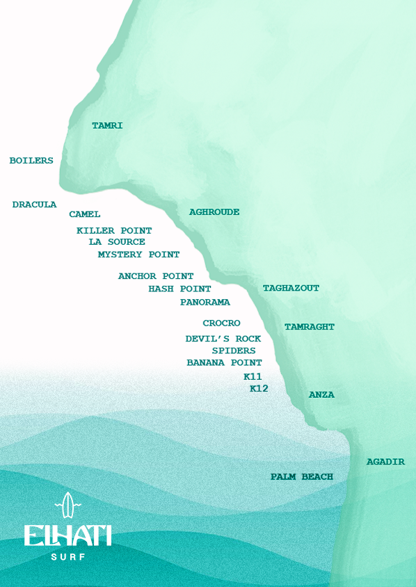 Carte illustrée des spots de surf autour d’Agadir et Taghazout proposés par Elhati Surf, incluant Banana Beach, Tamri, Anchor Point et plus